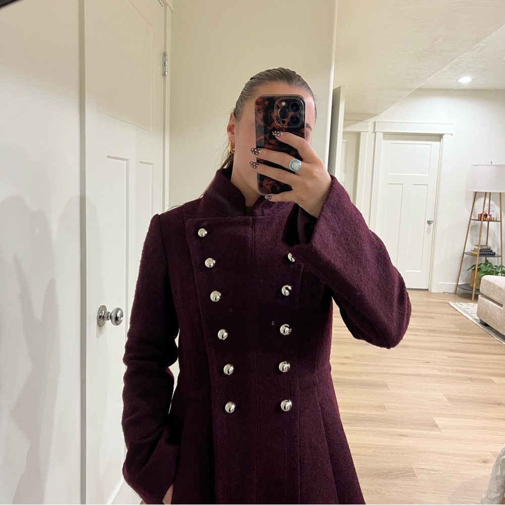 Guess double breasted military inspired 2024 fit and flare coat wool peacoat